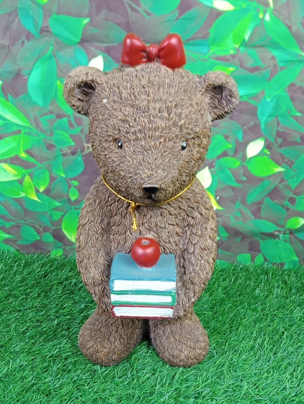 🏠 Brown Student Bear Figure with Books and Red Bow